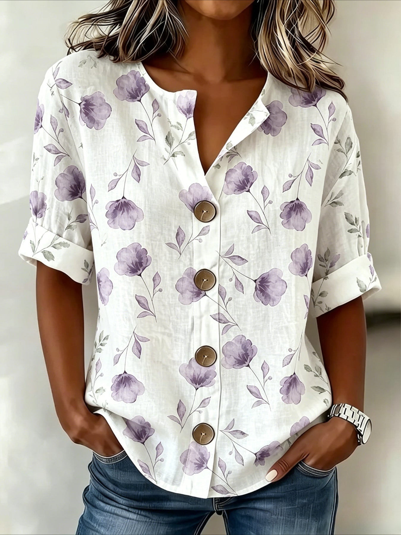 Floral Loose Stand Collar Simple Linen Blend Long Sleeve Shirt