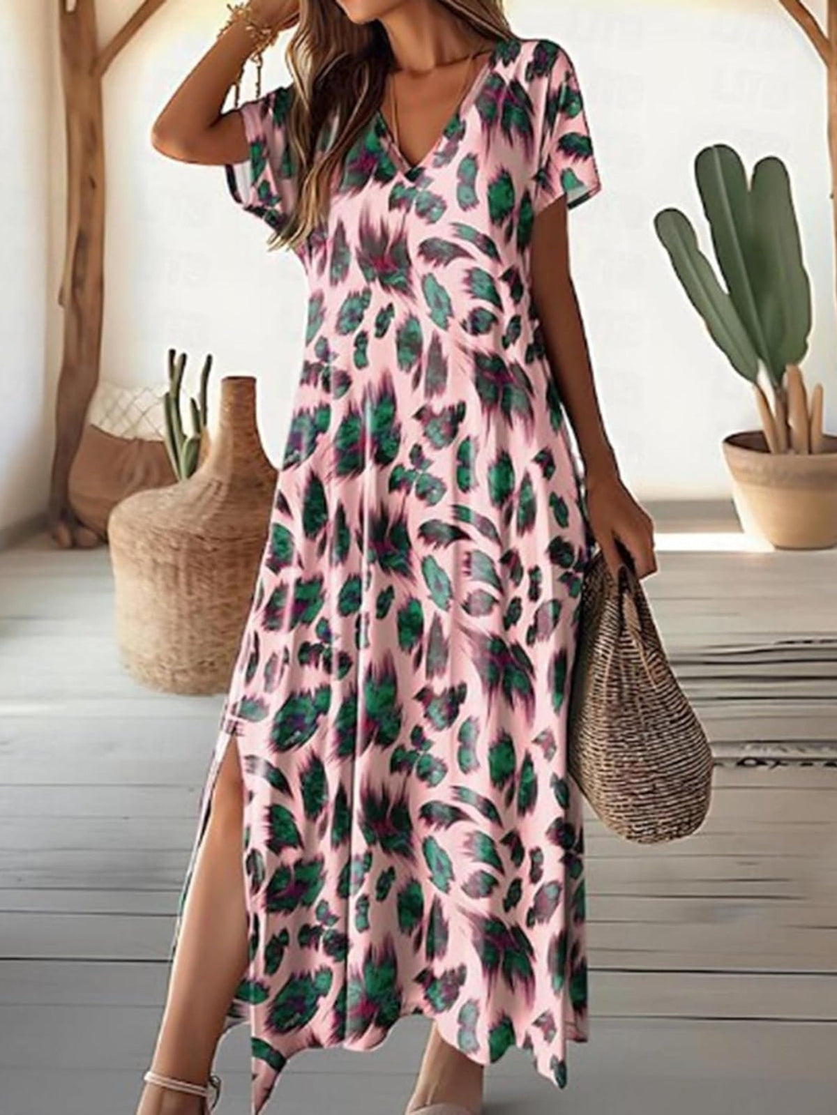 Short Sleeve V Neck A Line Maxi Dress