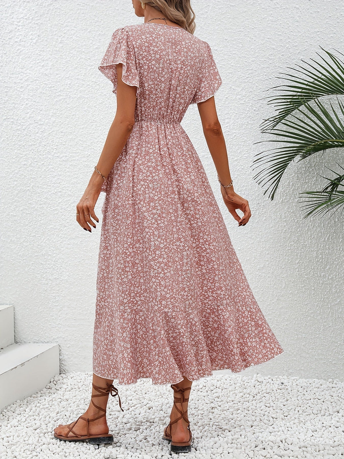 Women's Floral Print Surplice Dress with Flutter Sleeves and Ruffle Hem