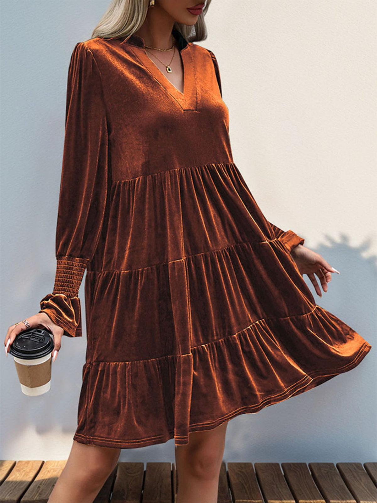 Women's Layered Hollow-Out Long Sleeve Dress, Elegant V-Neck, Solid Color, Adult Fashion Dress