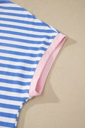Sky Blue Stripe Contrast Trim Crew Neck Tee Knot Shorts 2pcs Set