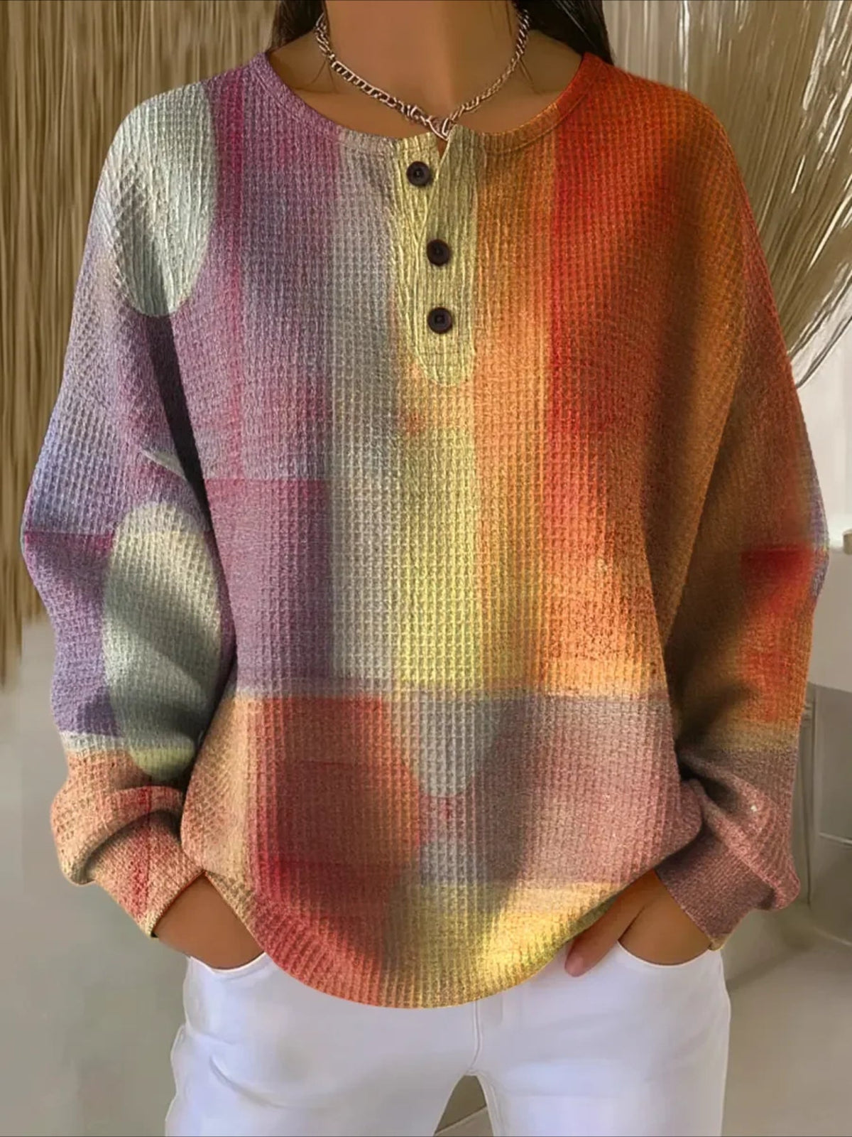 Line Ribbed V Neck Braided Print Long Sleeve Regular Sweatshirt