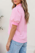 Pink Stripe Color Block Detail Split Neck Short Sleeve Blouse