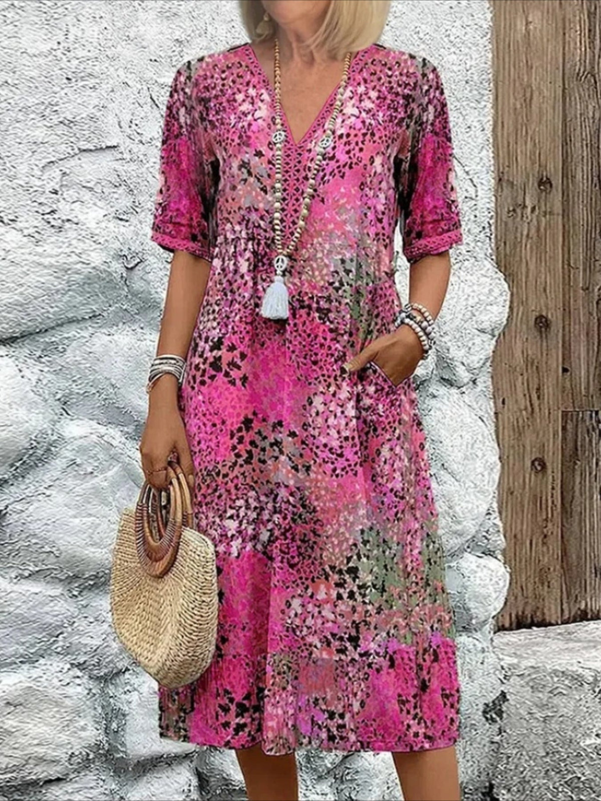V Neck Short Sleeves Print Casual Midi Dress
