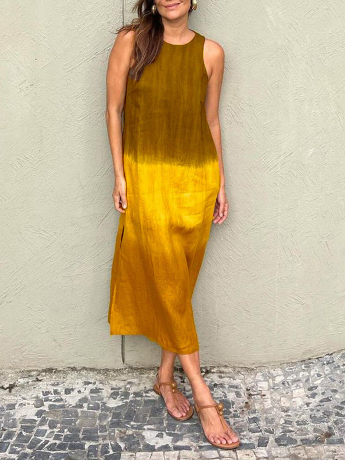 Casual Cotton Linen Sleeveless Side Slit Gradient Color Dress