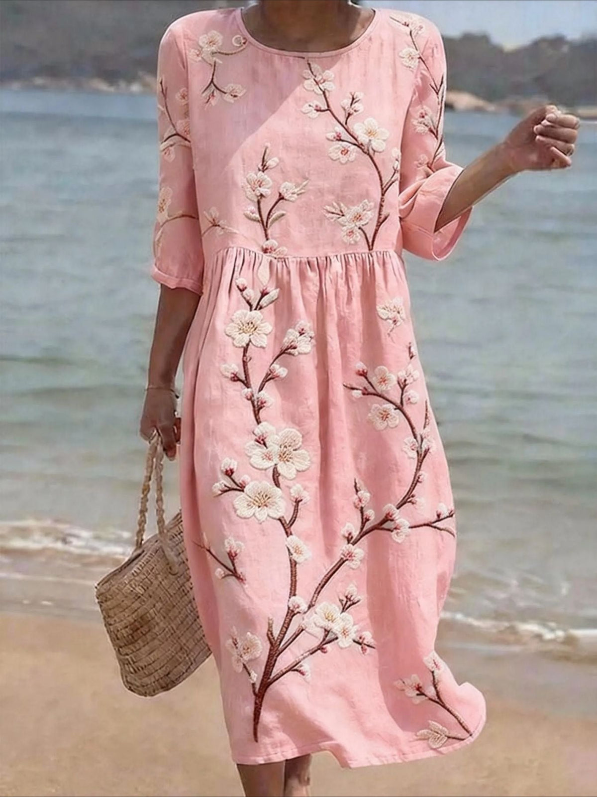 Casual Round Neck Mid Sleeve Printed Dress