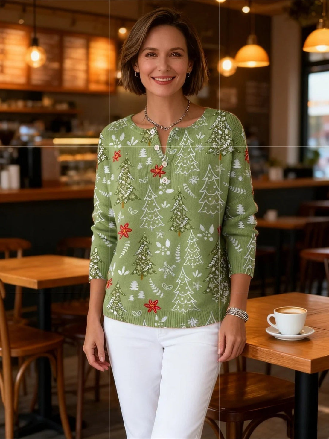 Christmas Green Tree Art Print Buttoned Sweater Tee