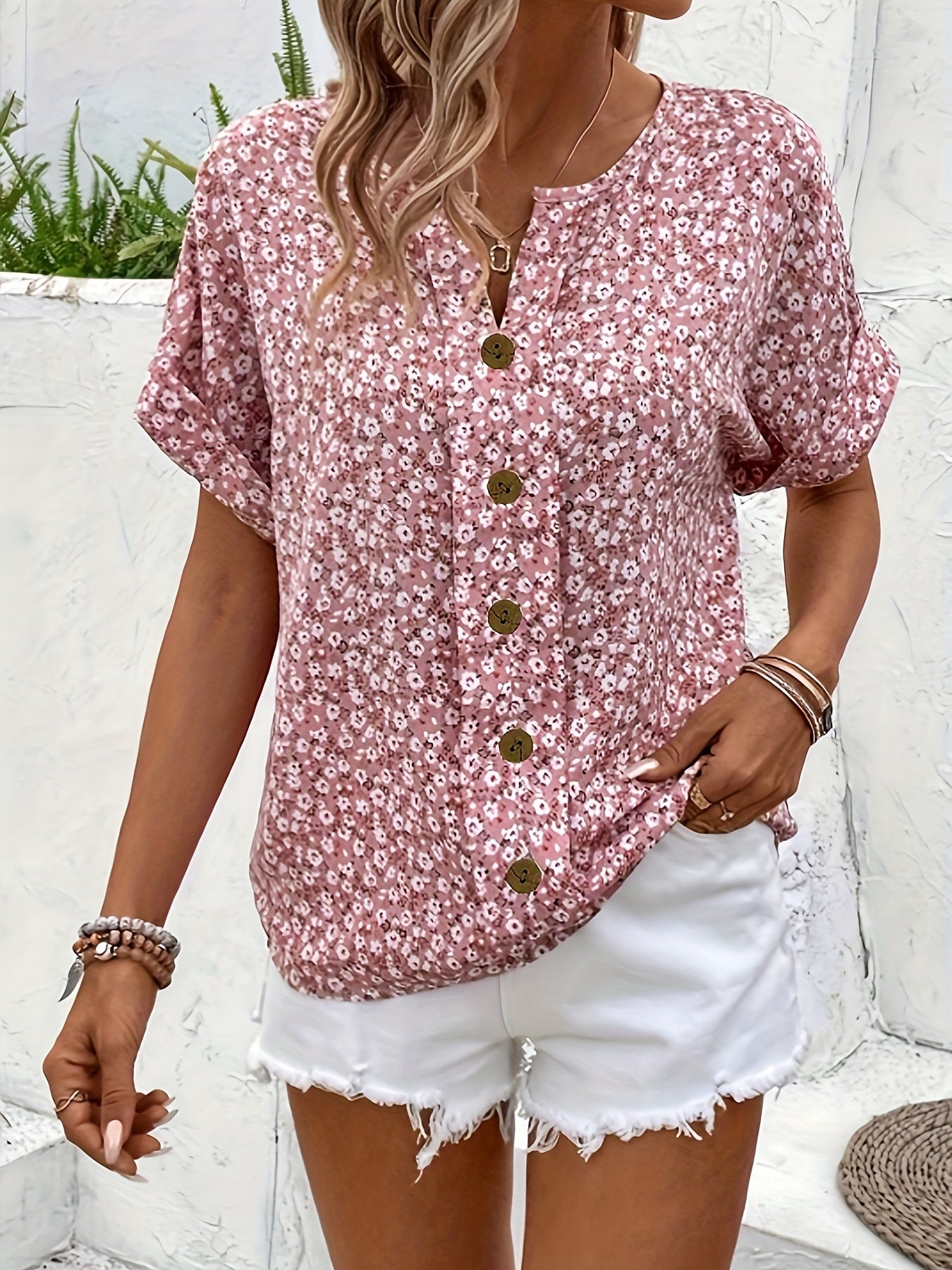 Stunning Floral Print Blouse - Soft Notched Collar, Breathable Polyester & Elastane Blend