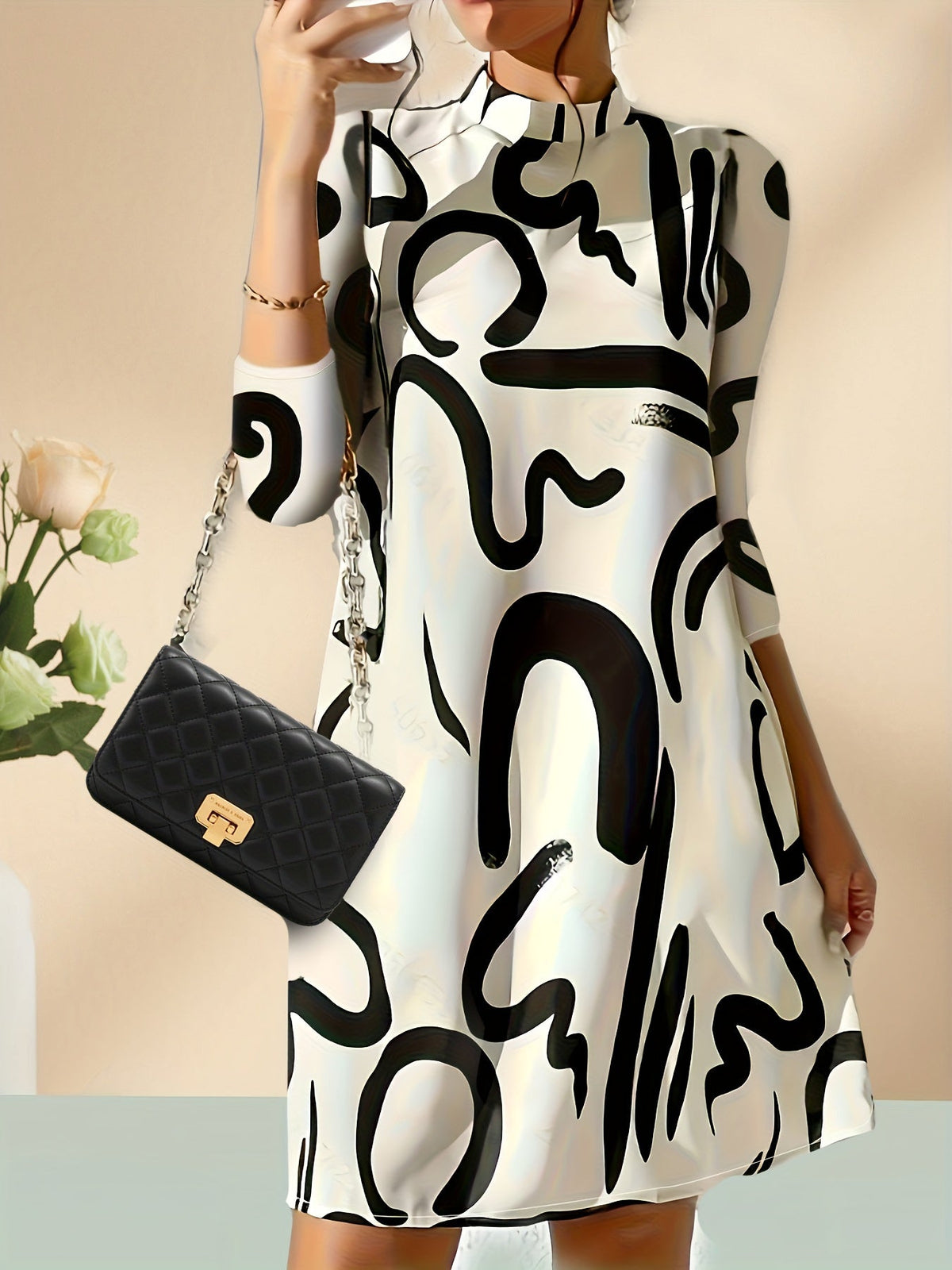 Abstract Print 3/4 Sleeve Dress, Casual Mock Neck Simple Dress