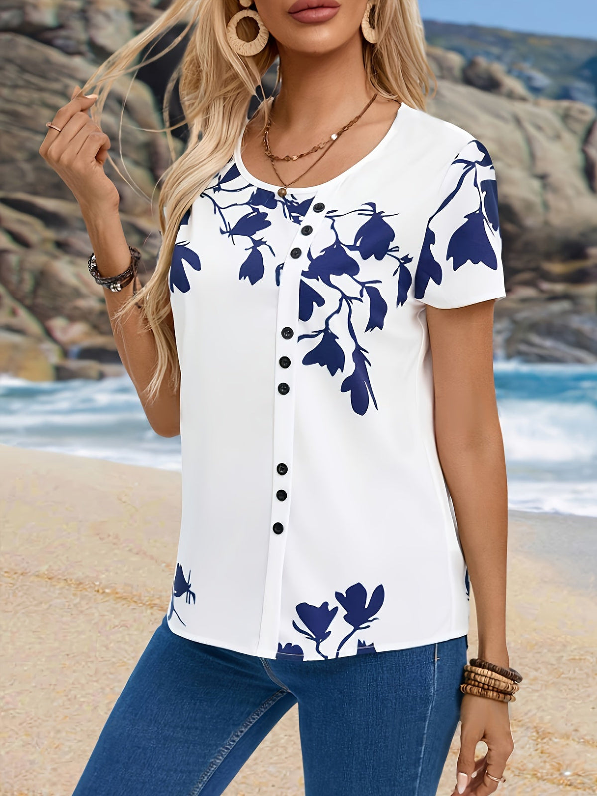 Floral Print Button Front Blouse, Casual Crew Neck Short Sleeve Blouse