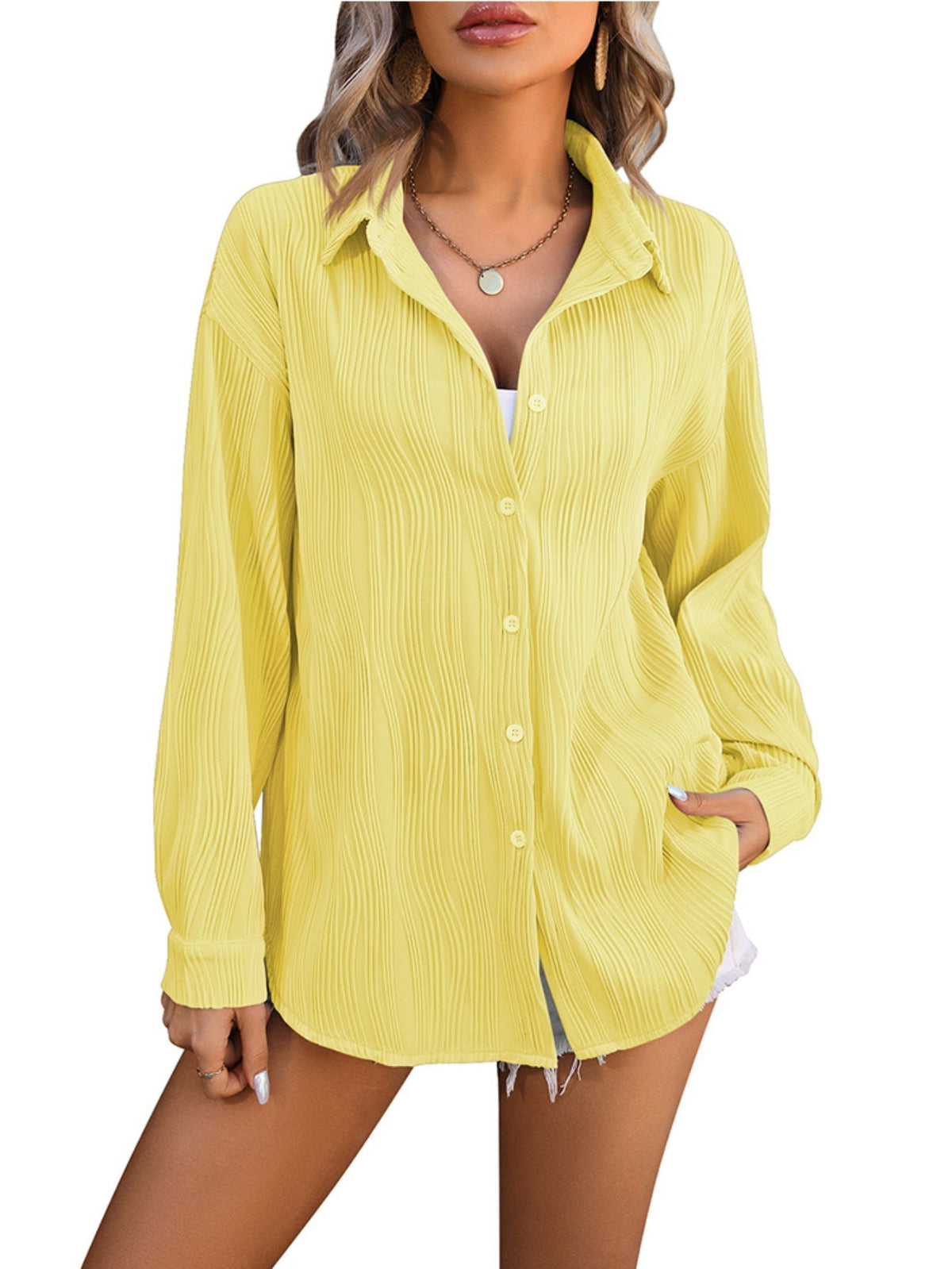 Solid Textured Button Front Shirt, Vintage Long Sleeve Shirt