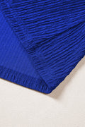 Dark Blue Solid Color Textured Ruffle Trim Short Sleeve Blouse