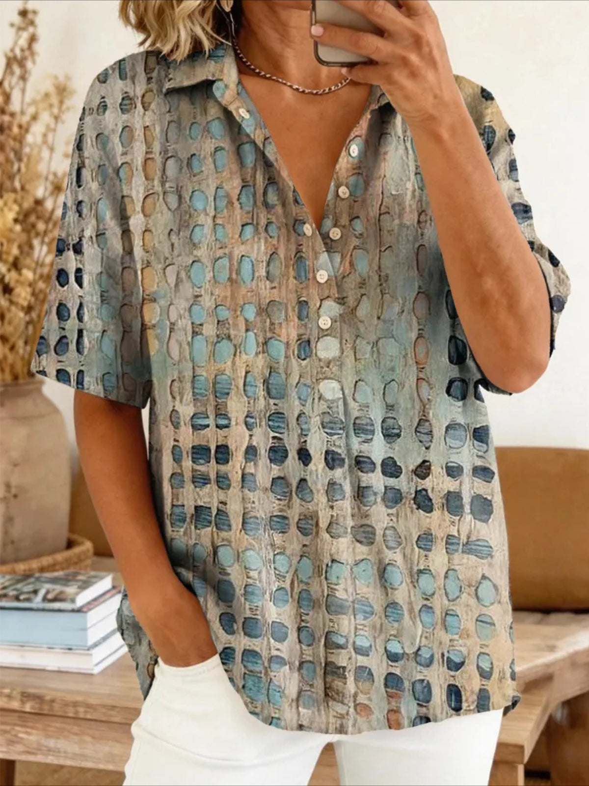 Print Lapel Short Sleeve Abstract Printing Shirt