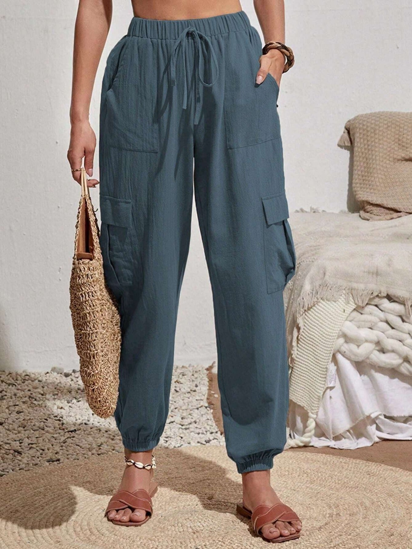 Solid Drawstring Pants, Casual Slant Pockets Cargo Pants