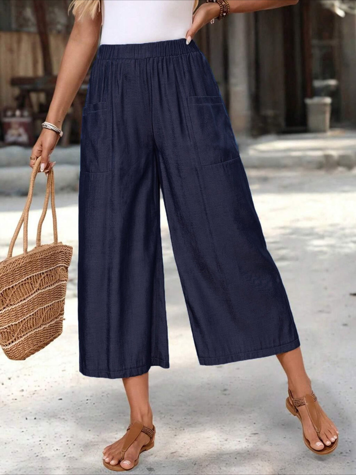 Solid Color Elastic Waist Y Casual Wide-Leg Ankle Pants