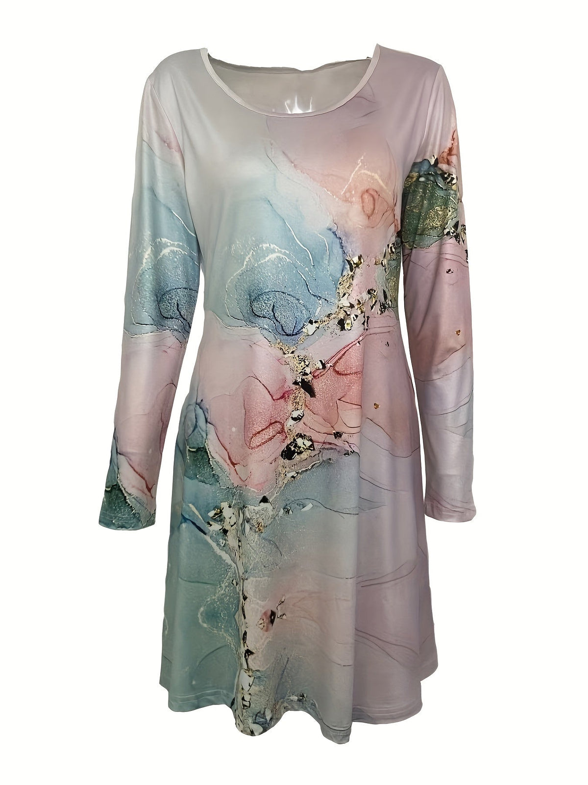Graphic Print Long Sleeve Dress, Casual Crew Neck Midi Dress