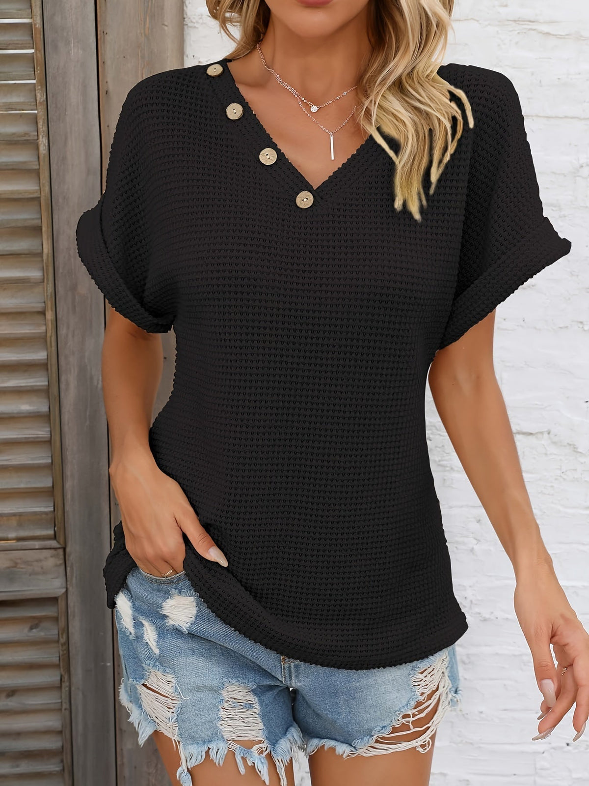 Elegant V-Neck Solid Waffle Tunic - Versatile Short Sleeve Women's Top