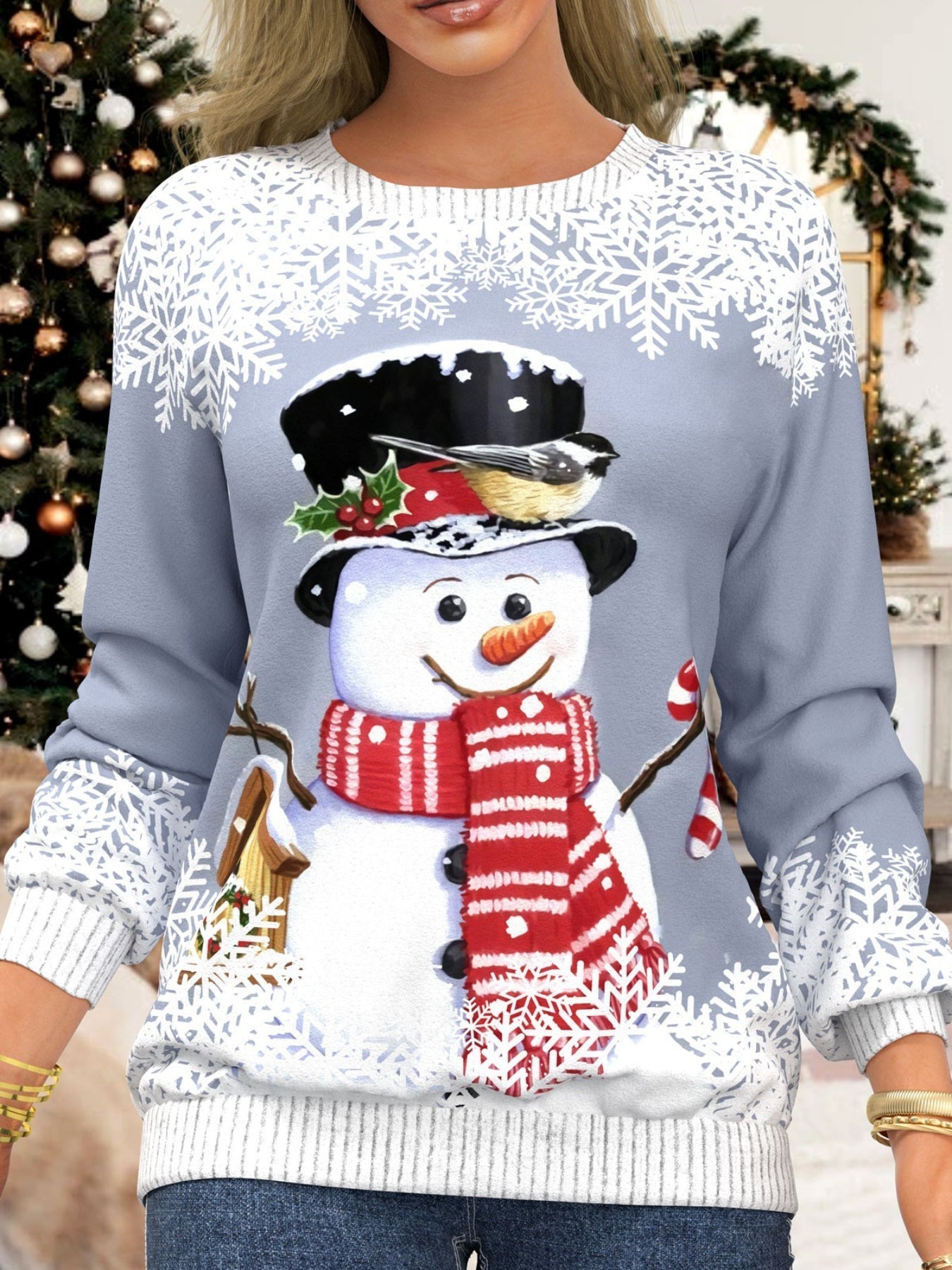 Snowman & Snowflake Print Sweatshirt, Casual Long Sleeve Crew Neck Sweatshirt
