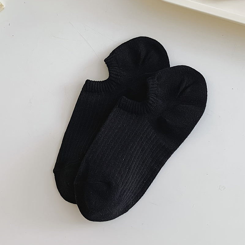 5 Pairs Solid Ribbed Socks, Casual & Comfy All-match Ankle Socks