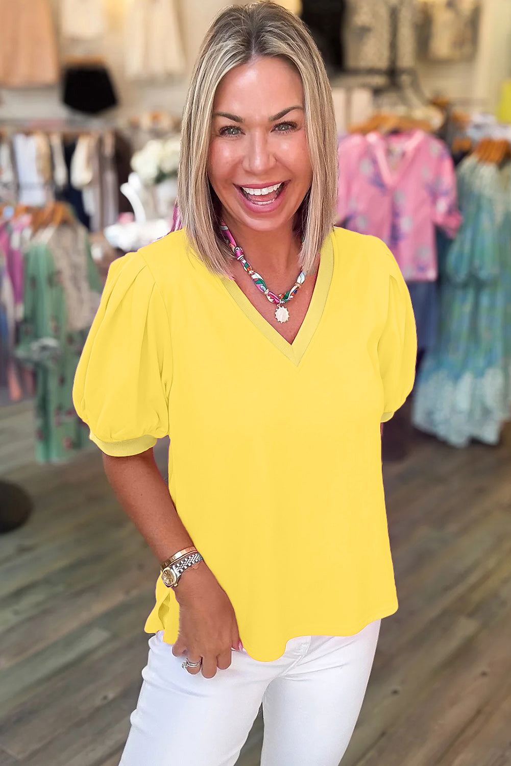 Yellow Solid Color V Neck Short Puff Sleeve Blouse