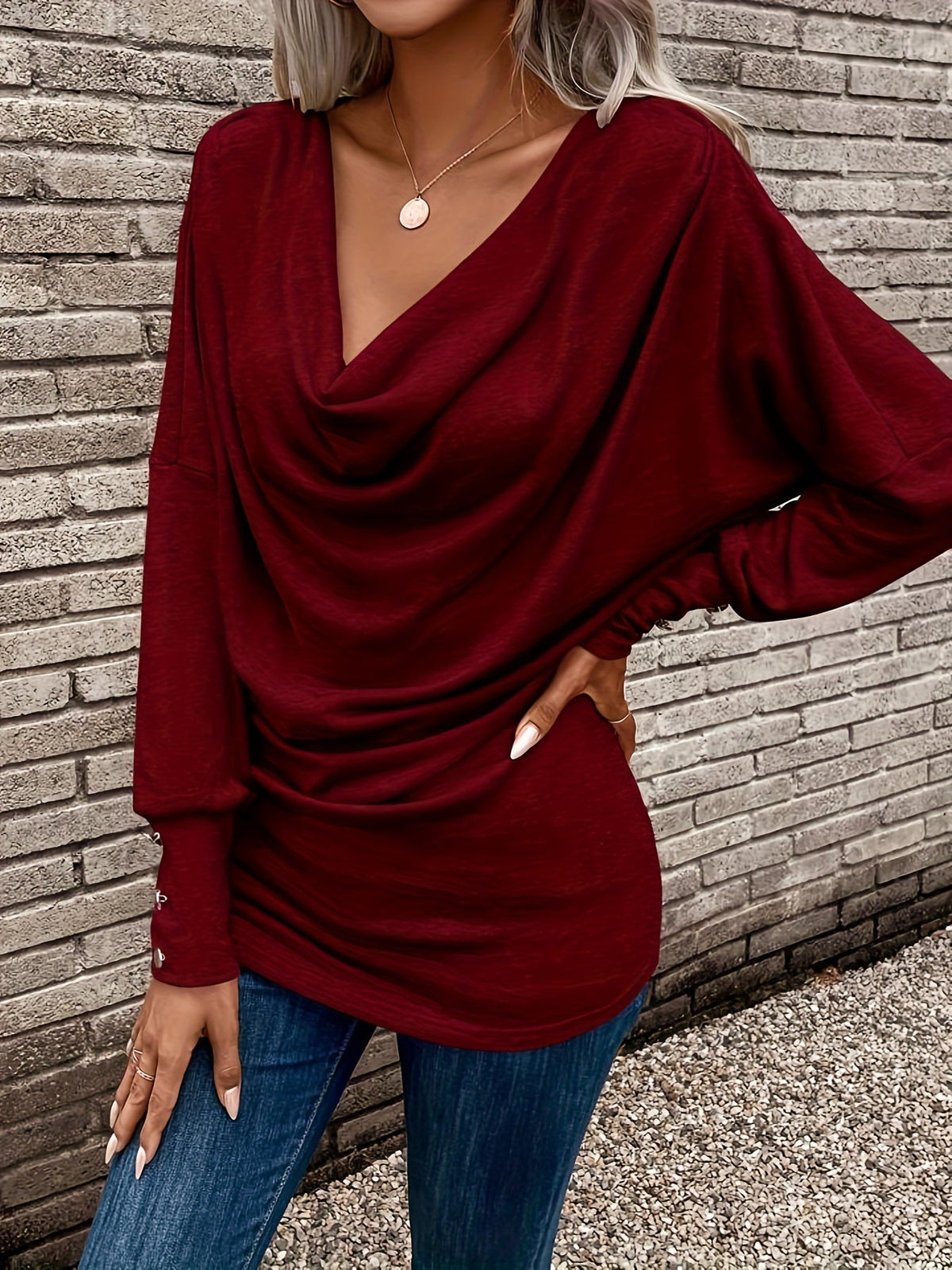Solid Cowl Neck T-shirt, Casual Long Sleeve Top