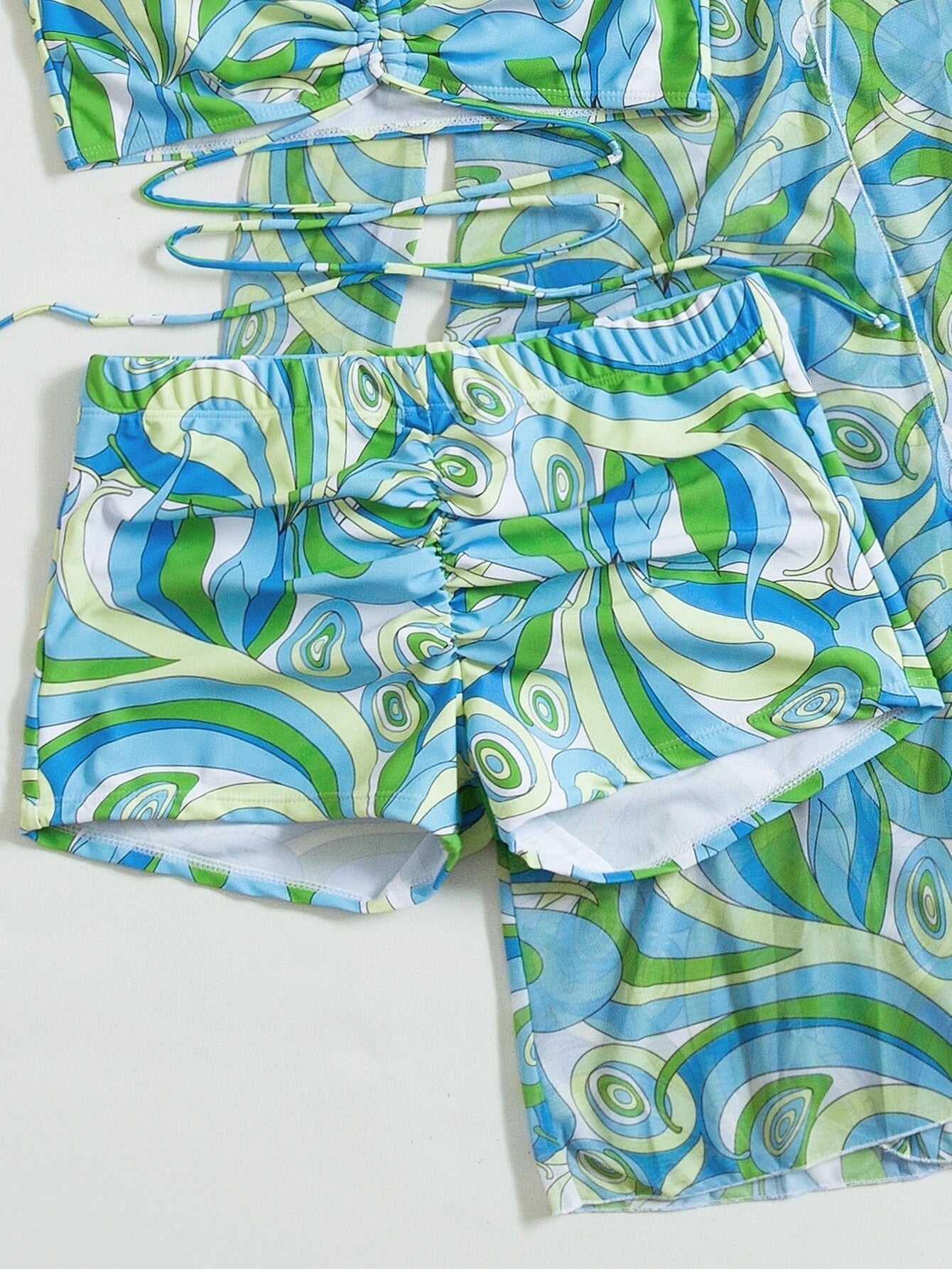 3pack Allover Print Drawstring Ruched Bikini Swimsuit