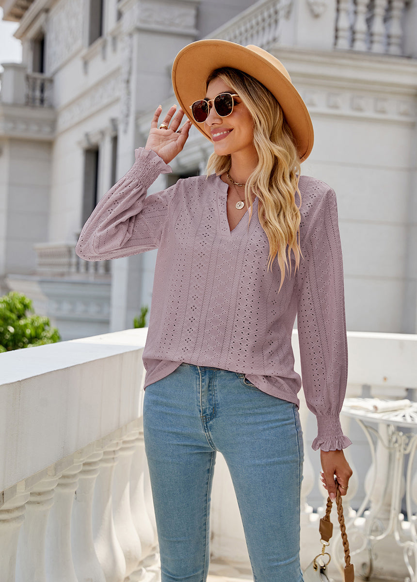 Solid Color Hollow Pleated Ruffle Sleeve V-Neck Loose Long Sleeve Top