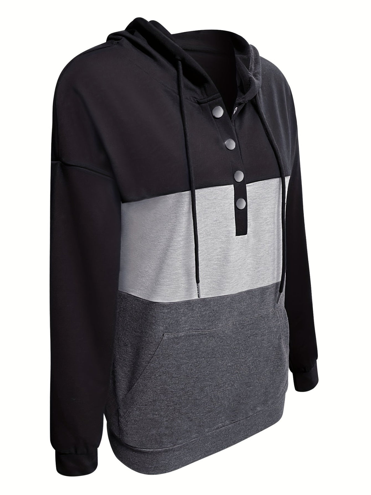 Color Block Button Drawstring Hoodie, Casual Long Sleeve Kangaroo Pocket Sweatshirt
