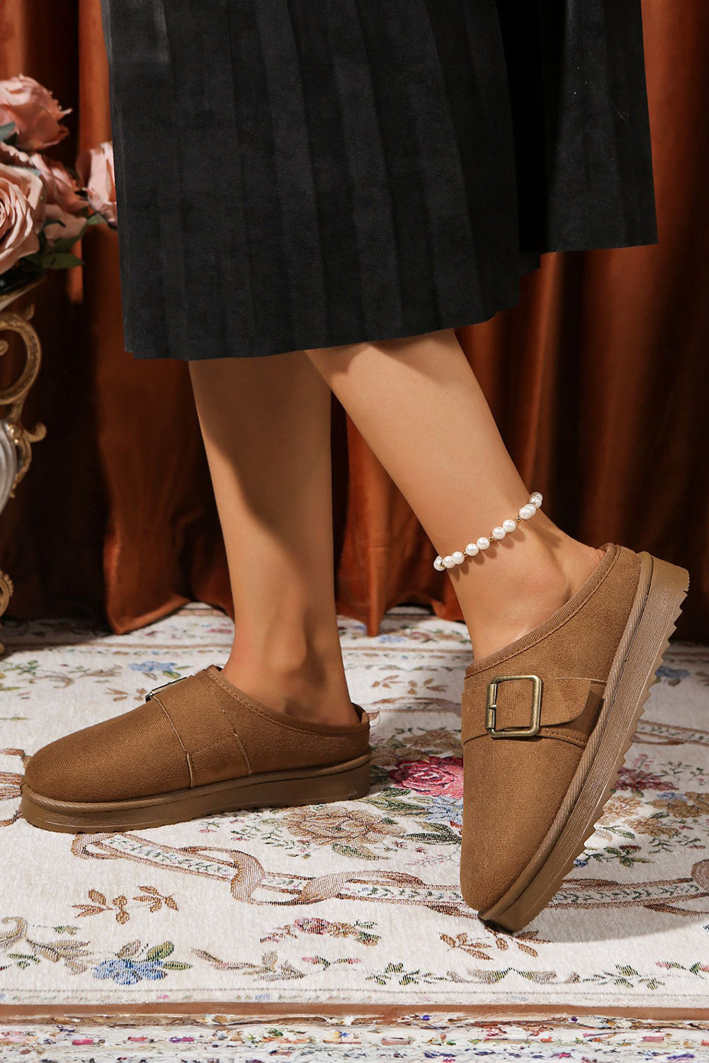 Camel Faux Suede Buckle Strap Detail Winter Clog Slippers