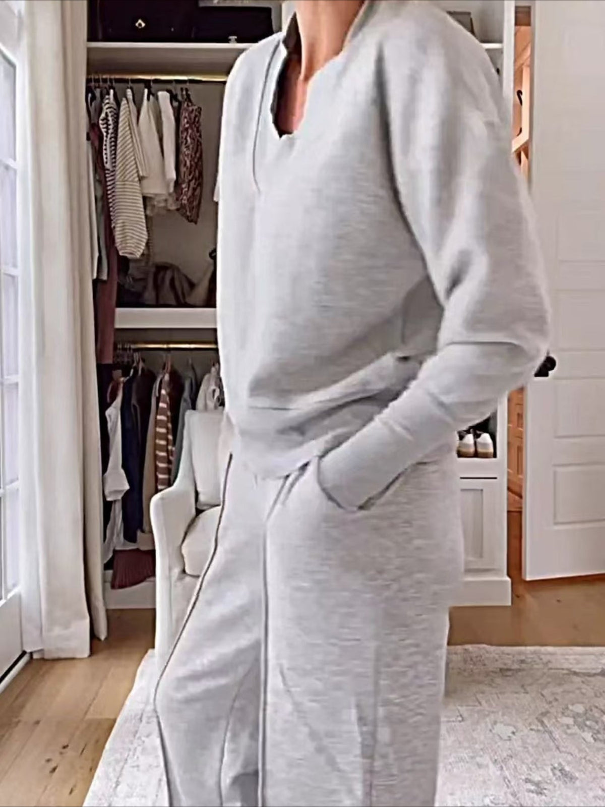 Split Joint Plain Daily Going Out Casual Spring/Fall Top With Pants Matching Two-Piece Set