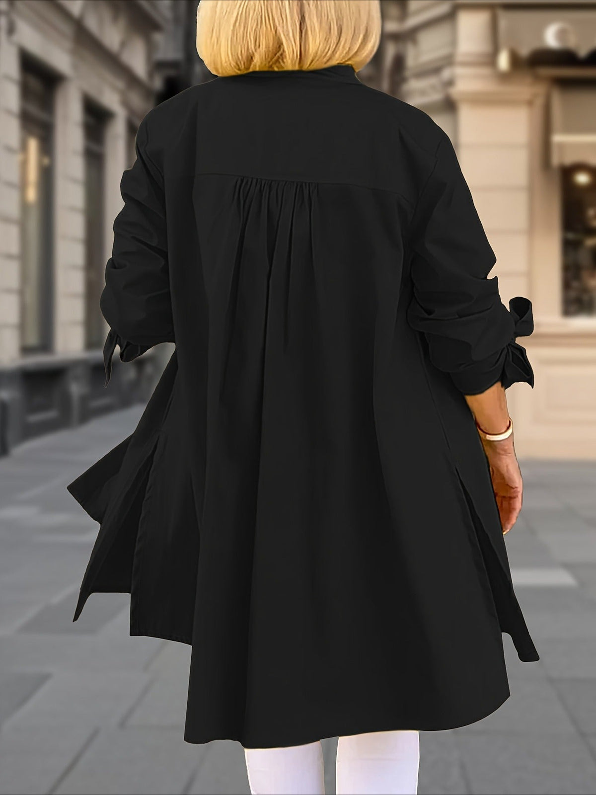 Elegant Loose-Fit Adjustable Cuffs Side Slit Breathable Fabric Round Neck Nontransparent Material Shirt
