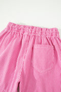 Pink Stripe Drawstring Elastic Waist Casual Denim Shorts