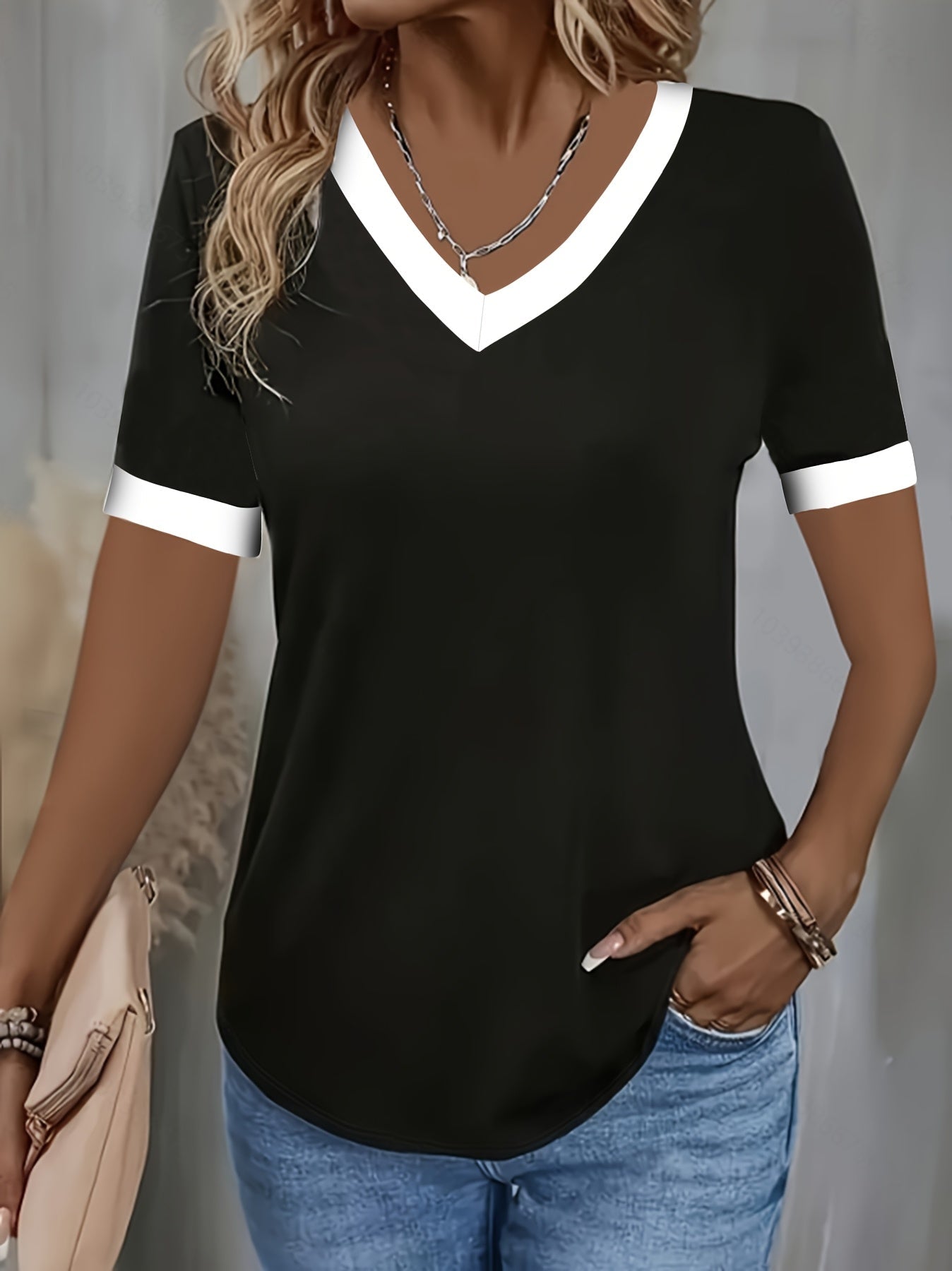 Elegant Short Sleeve Houndstooth Contrast V-Neck Tee