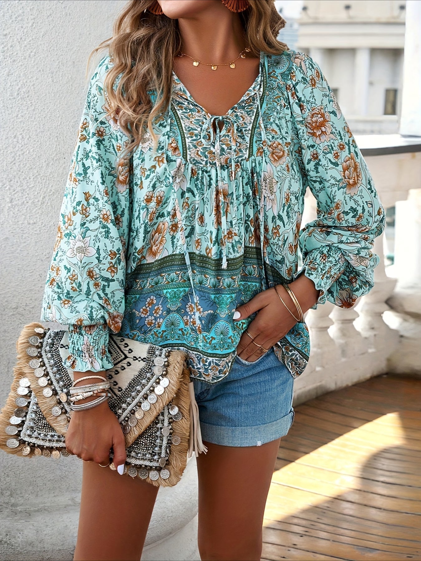 Vibrant Floral Print Tie Neck Blouse - Soft Micro Elastic Polyester Fabric, Casual Long Sleeve Shirt