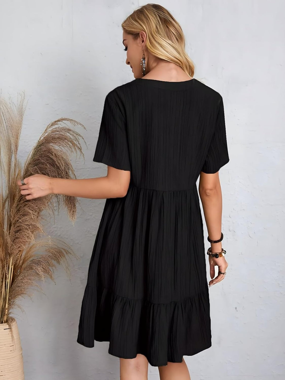 Short Sleeve V Neck Ruffle Mid Dress