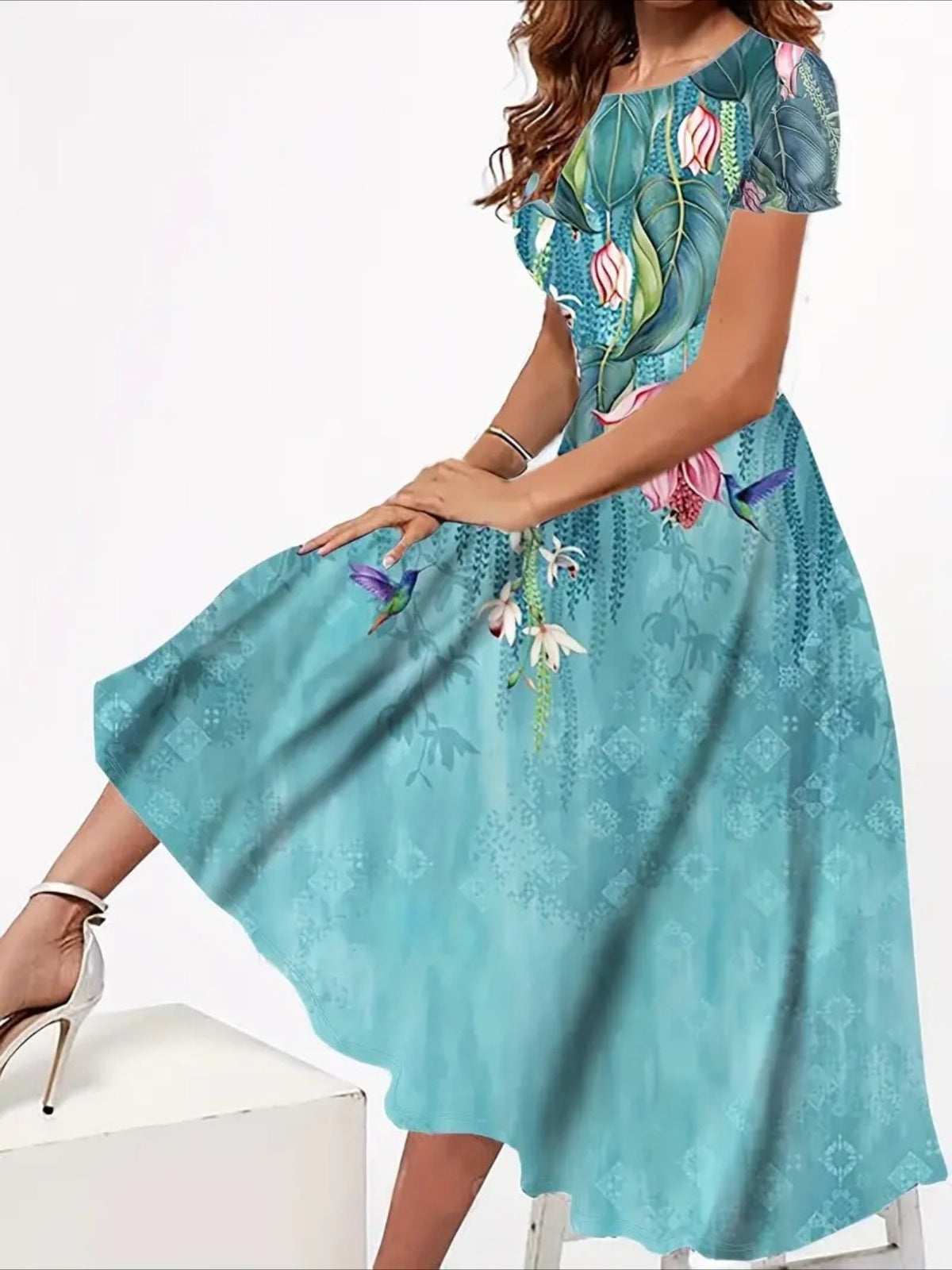 Women's Elegant Floral Print Short Sleeve Dress