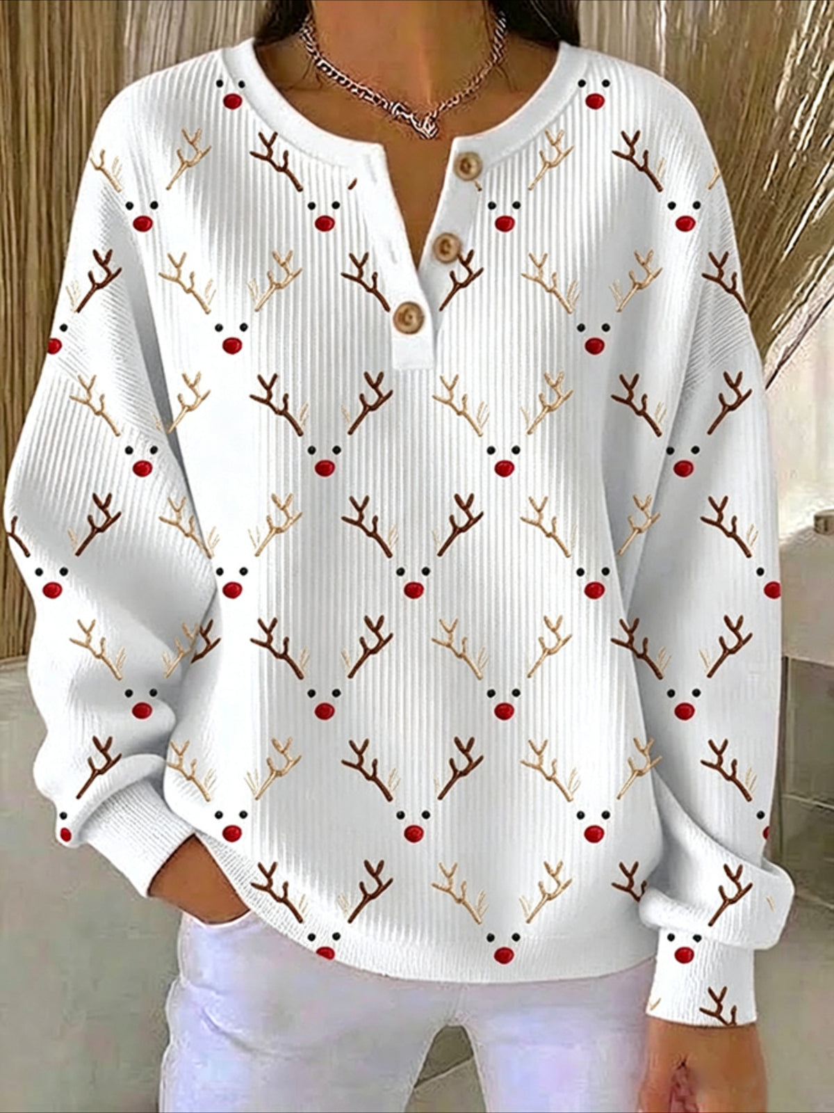 Christmas Vintage Buckle Henley Collar Sweatshirt