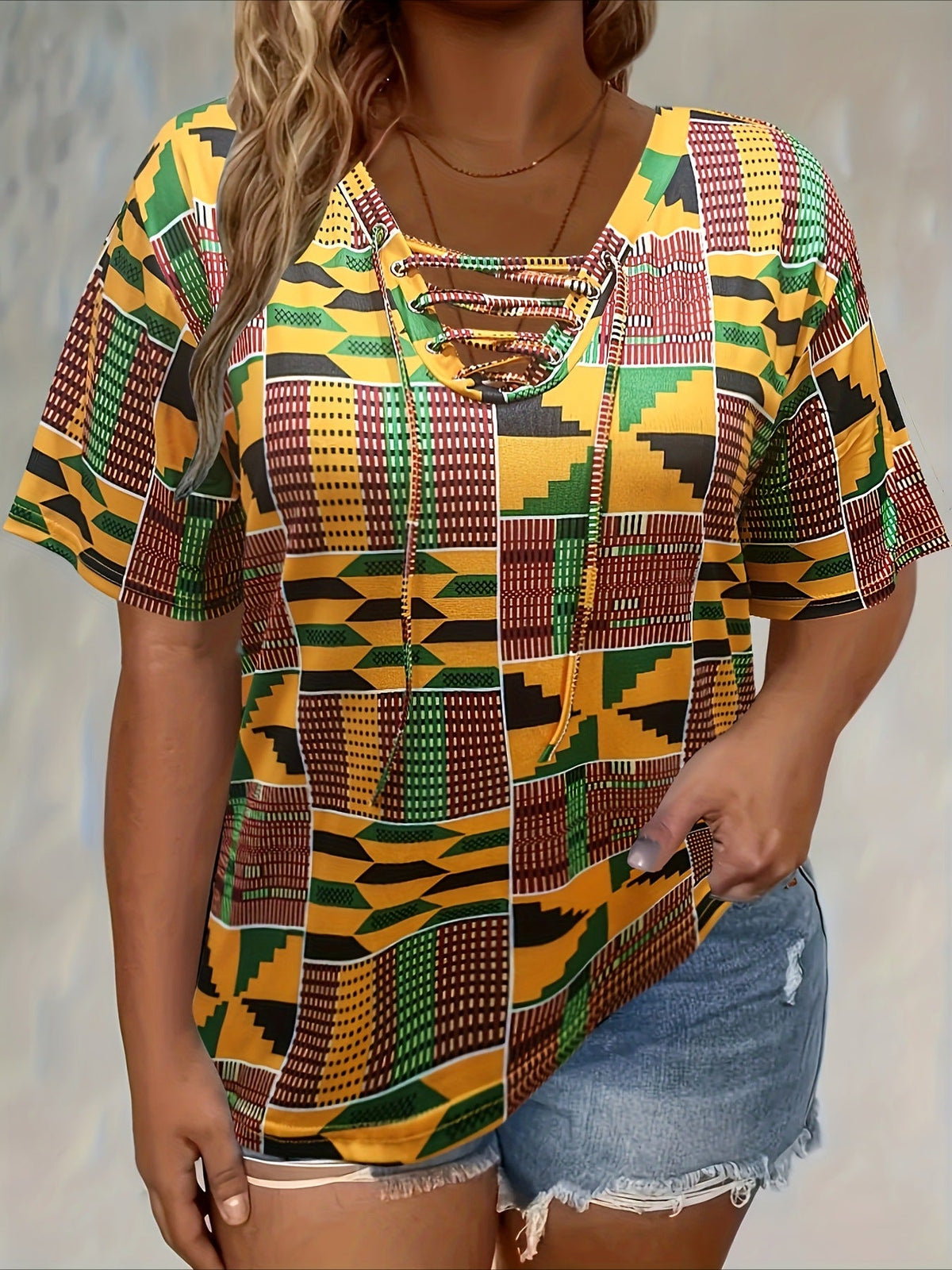 Print Front Button Drawstring Oversized Top