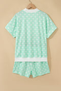 Green Polka Dot Print Color Block Trim Mock Neck Short Set