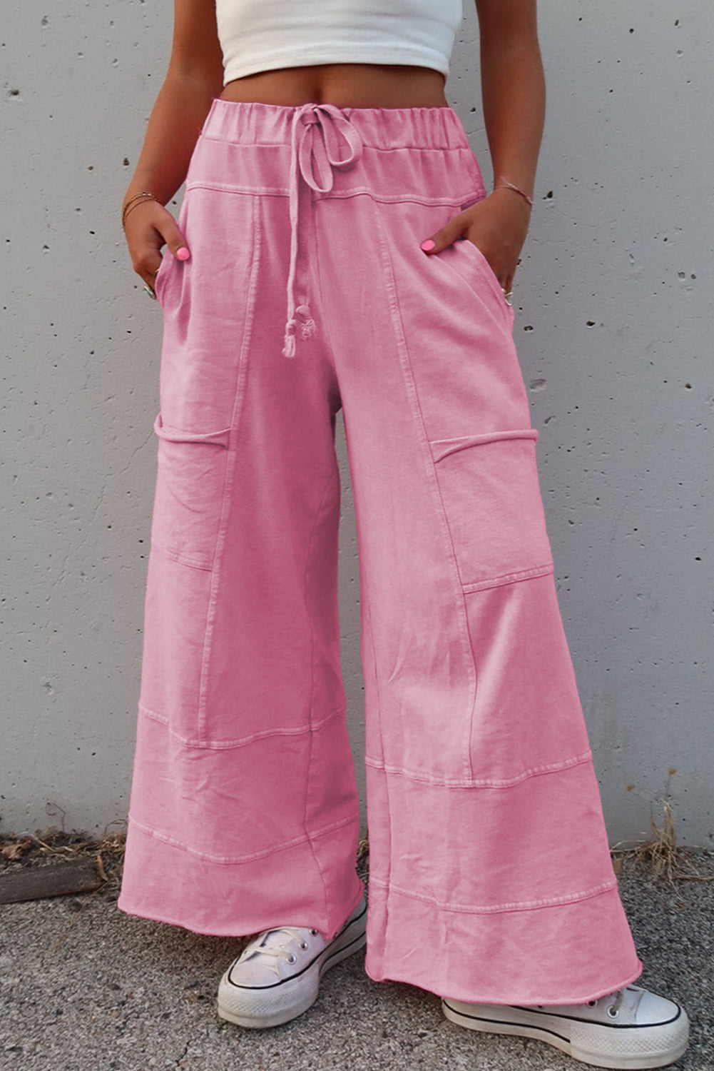 Bonbon Mineral Wash Exposed Seam Drawstring High Waist Wide Leg Cargo Pants