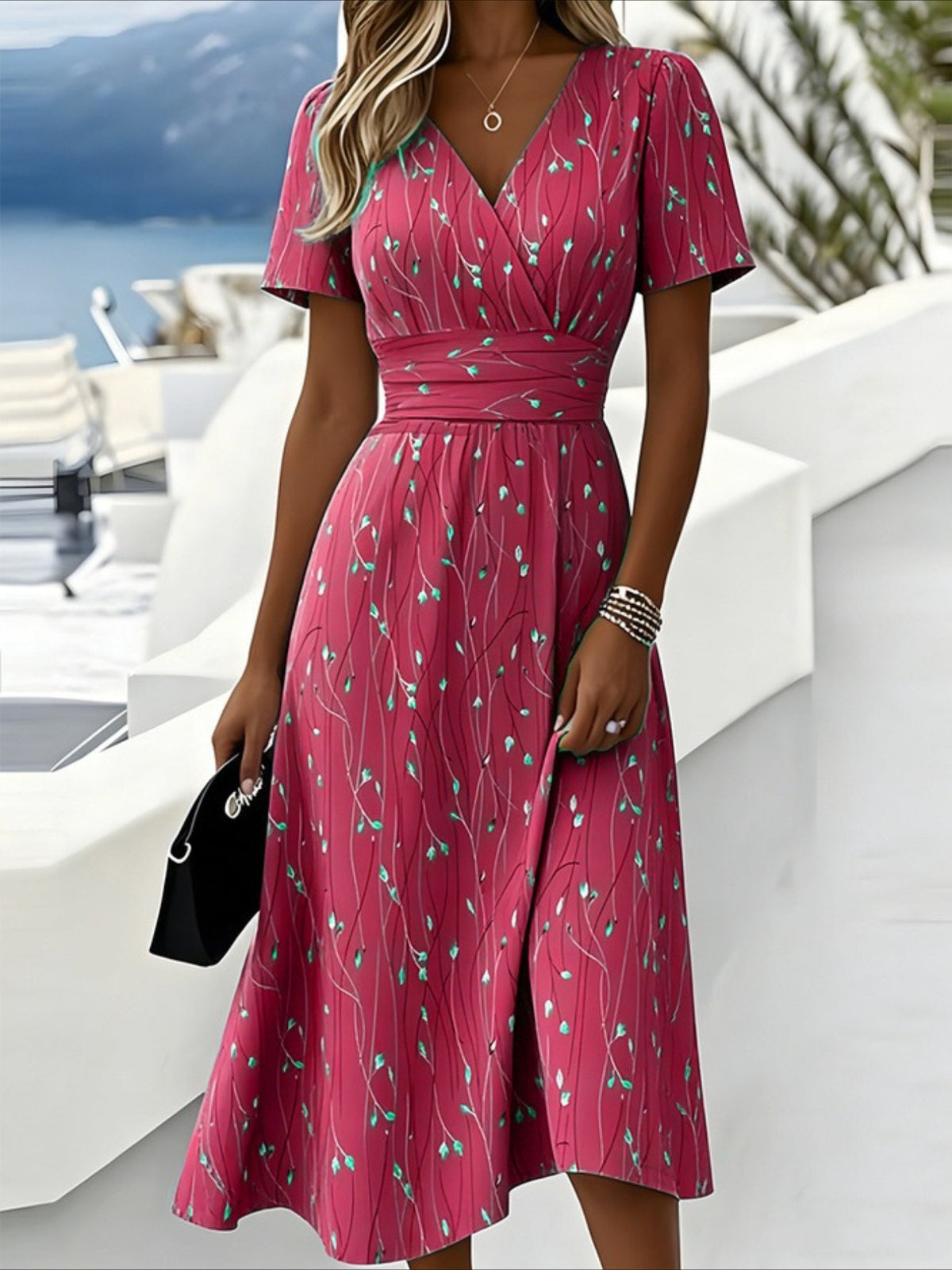 Leaf Summer V Neck Short Sleeve Beach A-Line Dress