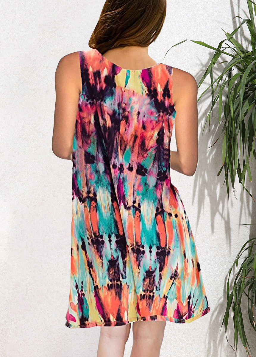 Sleeveless Pullover Printed Pocket Swing Round Neck Vest Dress
