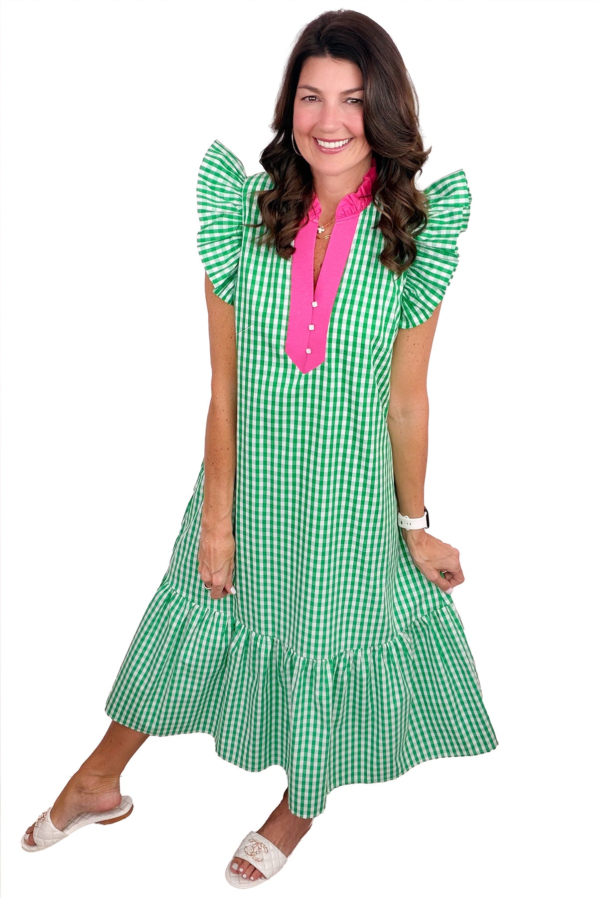 Bright Green Summer Color-Blocked Plaid Pattern Midi Dress