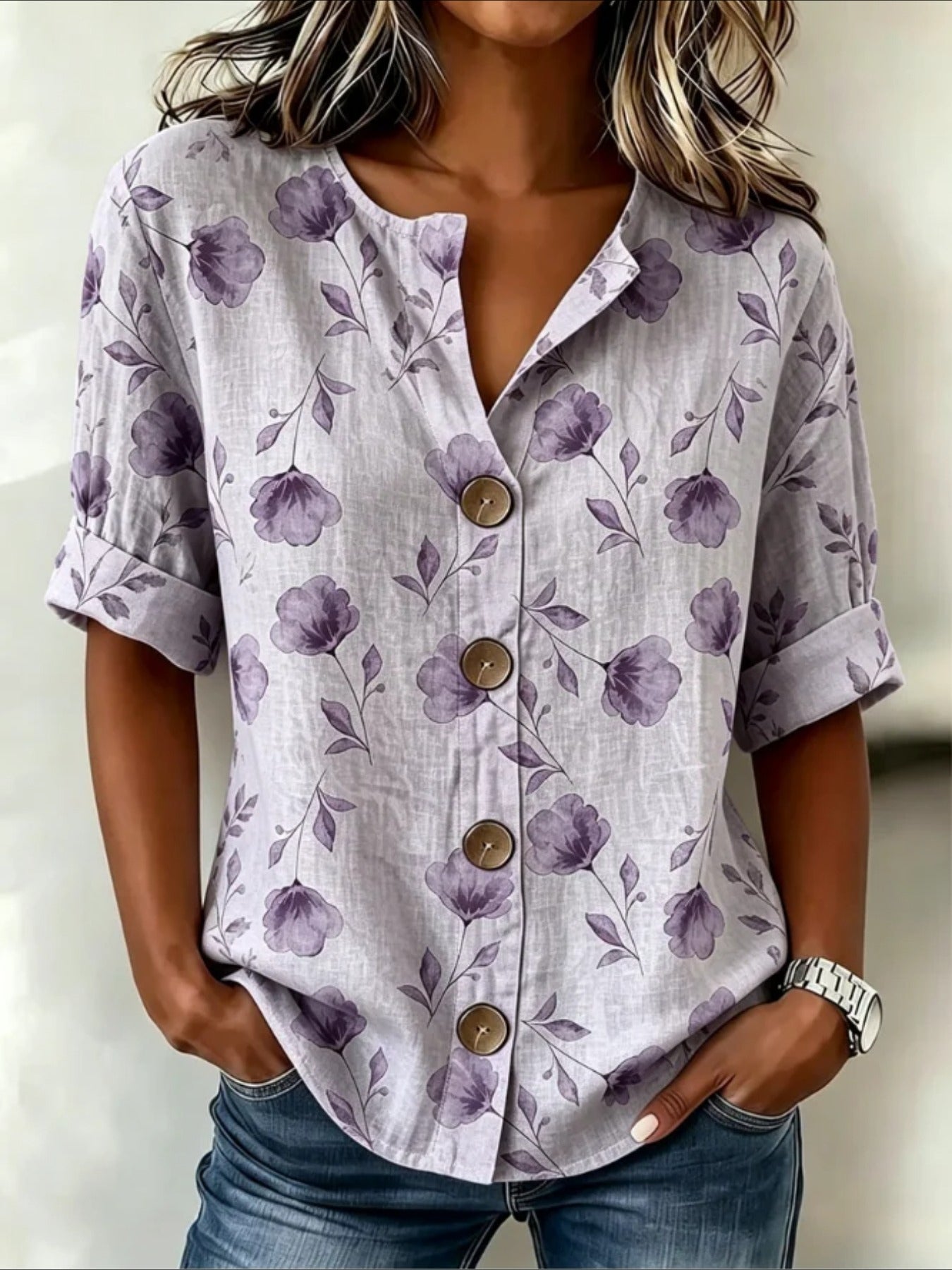 Floral Loose Stand Collar Simple Linen Blend Long Sleeve Shirt