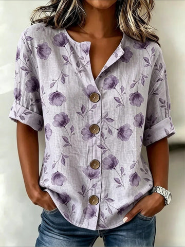 Floral Loose Stand Collar Simple Linen Blend Long Sleeve Shirt