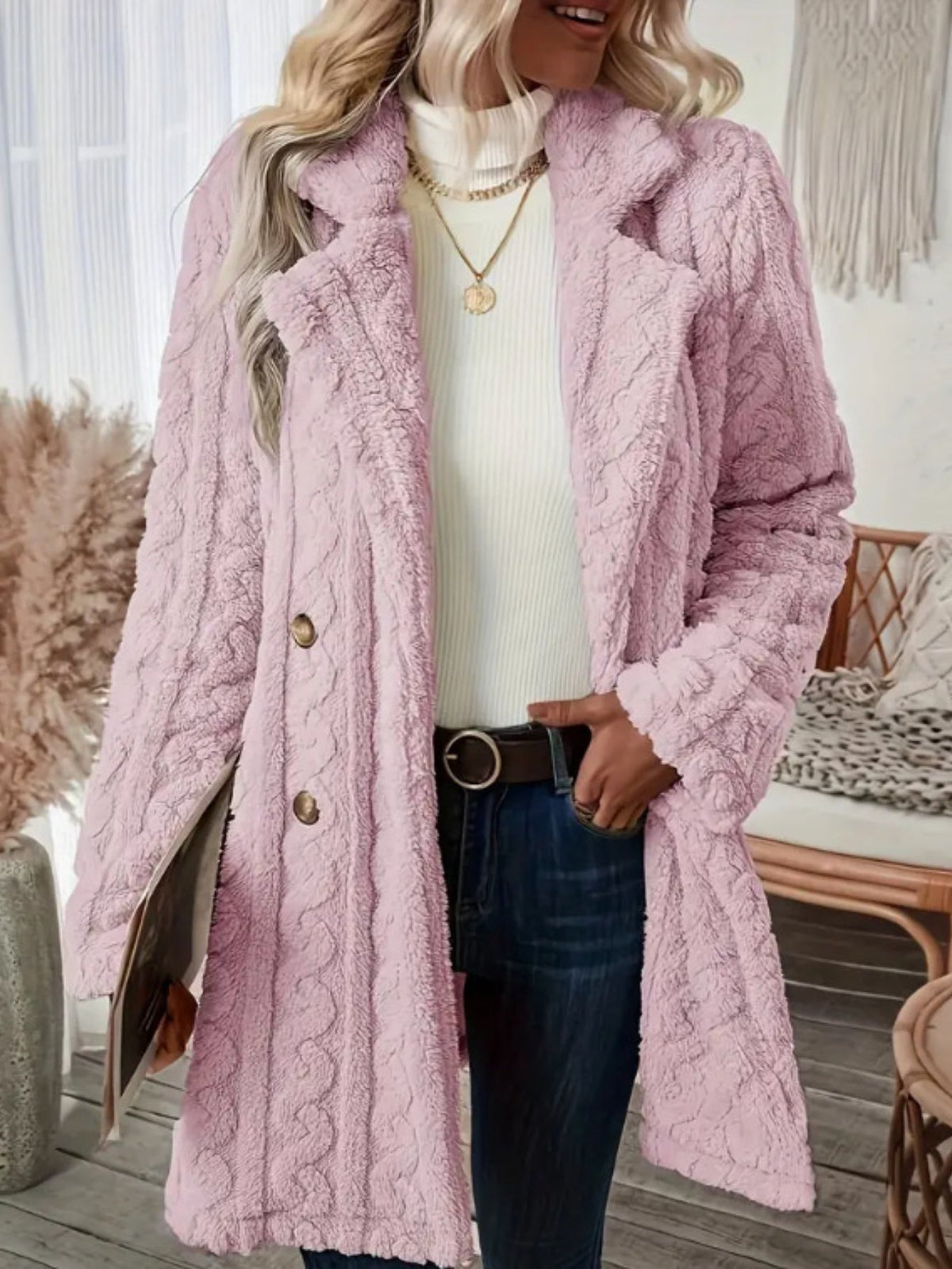 Double Breasted Lapel Teddy Coat, Versatile Long Sleeve Textured Thermal Winter Outerwear