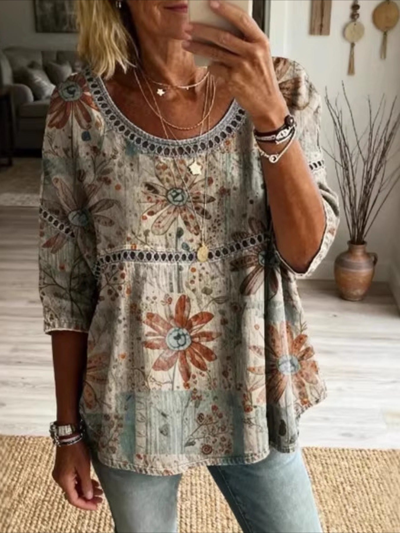 Flower Printed Mid Sleeve Pleated Round Neck Top