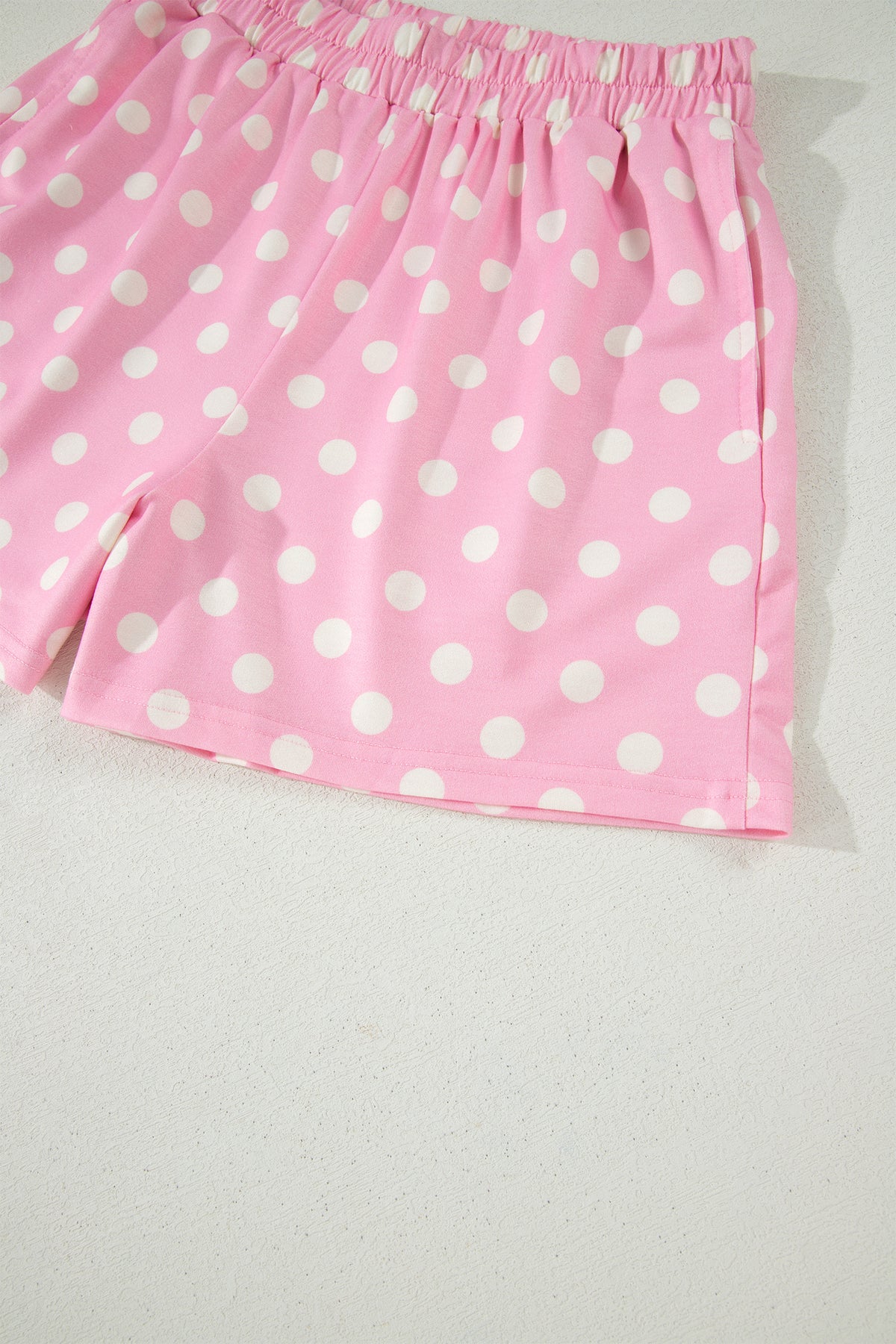 Pink Polka Dot Print Color Block Trim Mock Neck Short Set