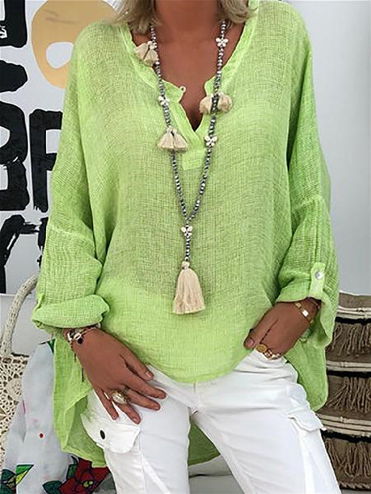 Casual Soft Long Sleeve Cotton Linen Solid Loose V-neck Shirt