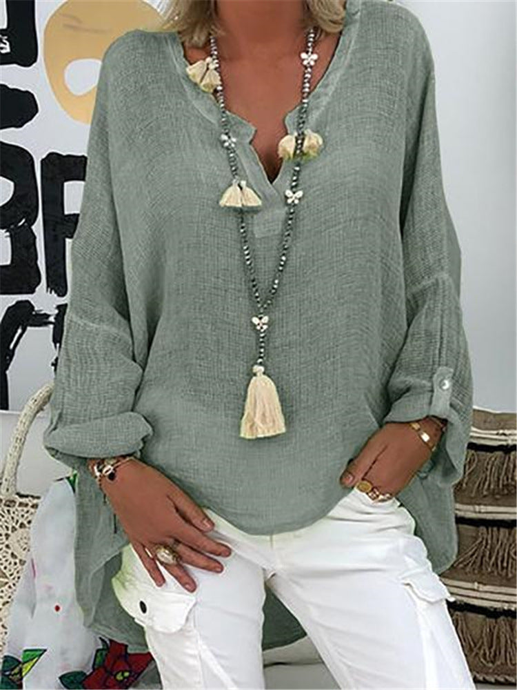 Casual Soft Long Sleeve Cotton Linen Solid Loose V-neck Shirt